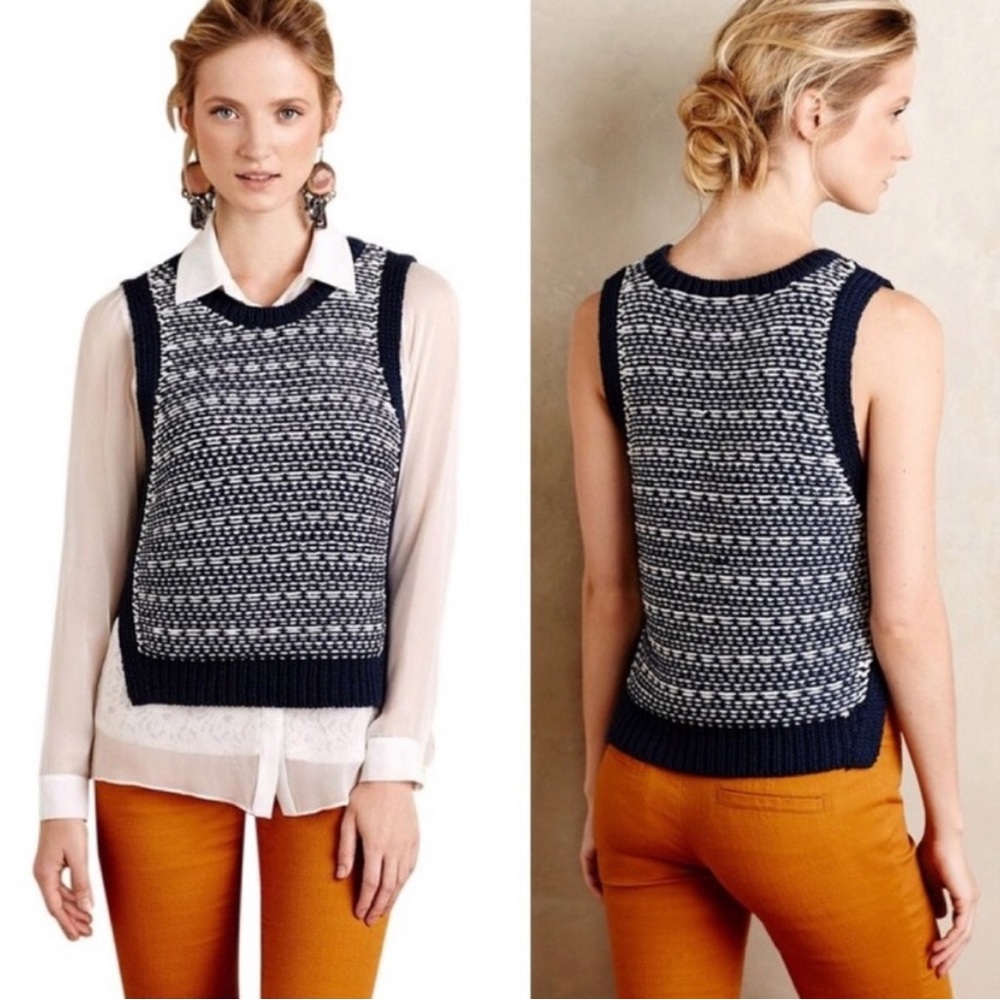 Anthropologie Navy and White Knit Sweater Vest